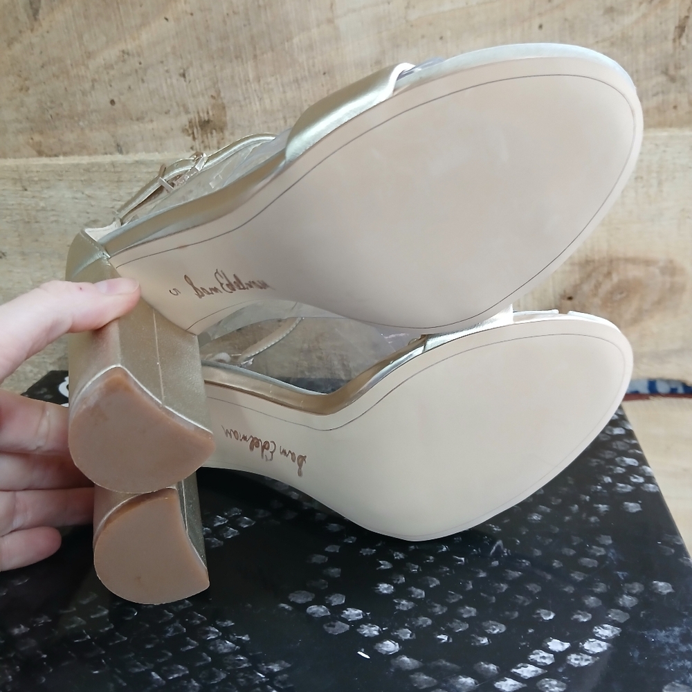 Sam Edelman Light Gold Leather Yaro Block Heel Ankle Strap Sandals NWB Size 5m - Picture 7 of 11